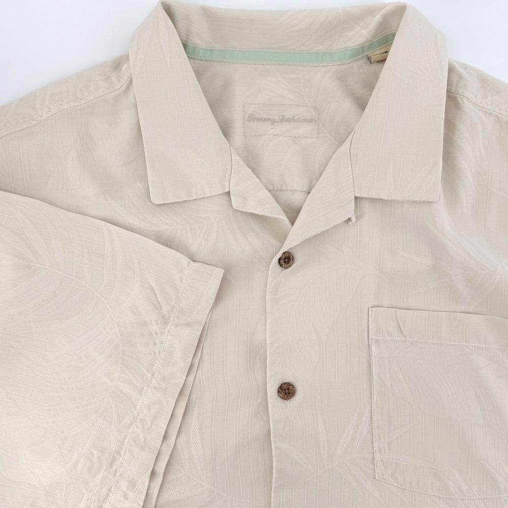 Tommy Bahama Mens 2XB Silk Camp Shirt Beige Jacquard Tropical Leaf Short Sleeve